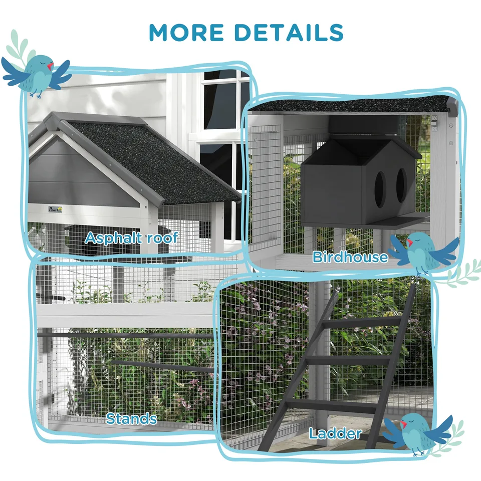 Wooden Bird Aviary with Slide-Out Tray, Birdhouse, Ladder, Perches for Finches, Parakeets, Gray view 2