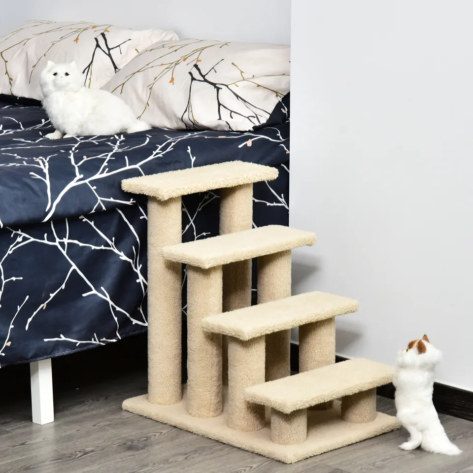 25" 4-Step Multi-Level Carpeted Cat Scratching Post Pet Stairs, Cream White