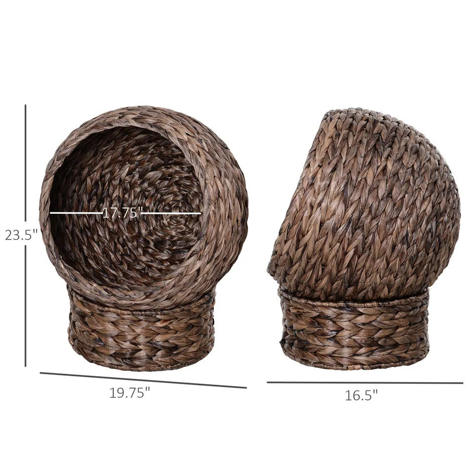Handwoven Elevated Cat Bed with Rotating Basket and Soft Cushion, Wicker Cat Egg Chair with Stand, Brown view 3