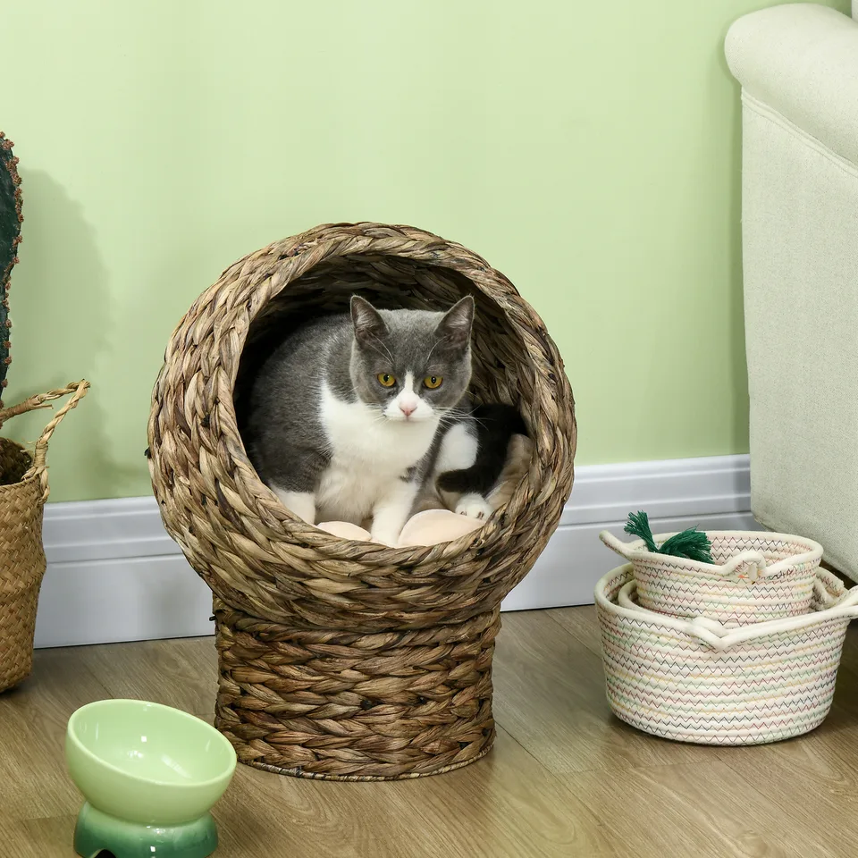 Handwoven Elevated Cat Bed with Soft Cushion & Egg Chair Shape, Basket Bed Kitty House with Stand, Raised Wicker House for Indoor Cats, 20" H, Gray