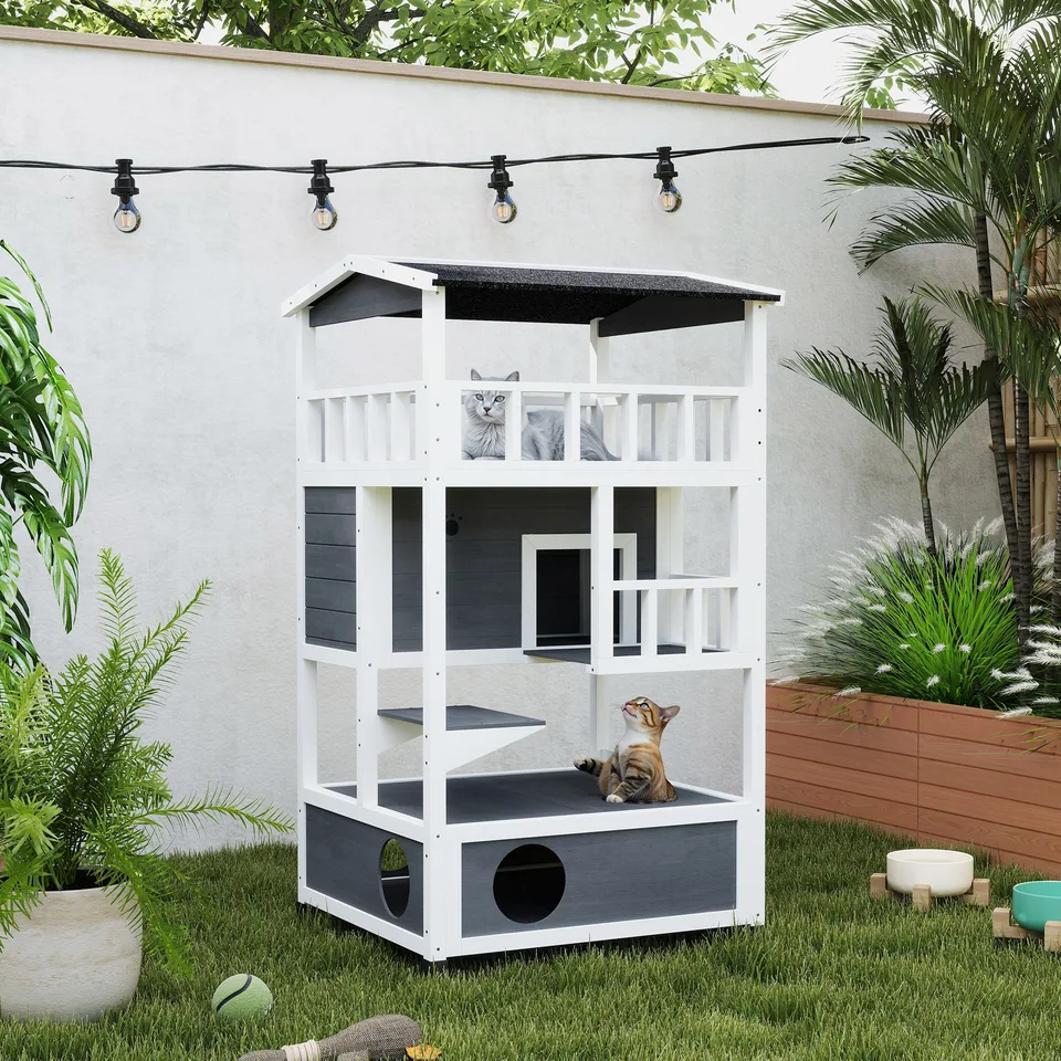 Wooden Outdoor Cat House, Feral Cat Shelter Kitten Condo with Asphalt Roof, Escape Doors, Condo, Jumping Platform, Gray view 4