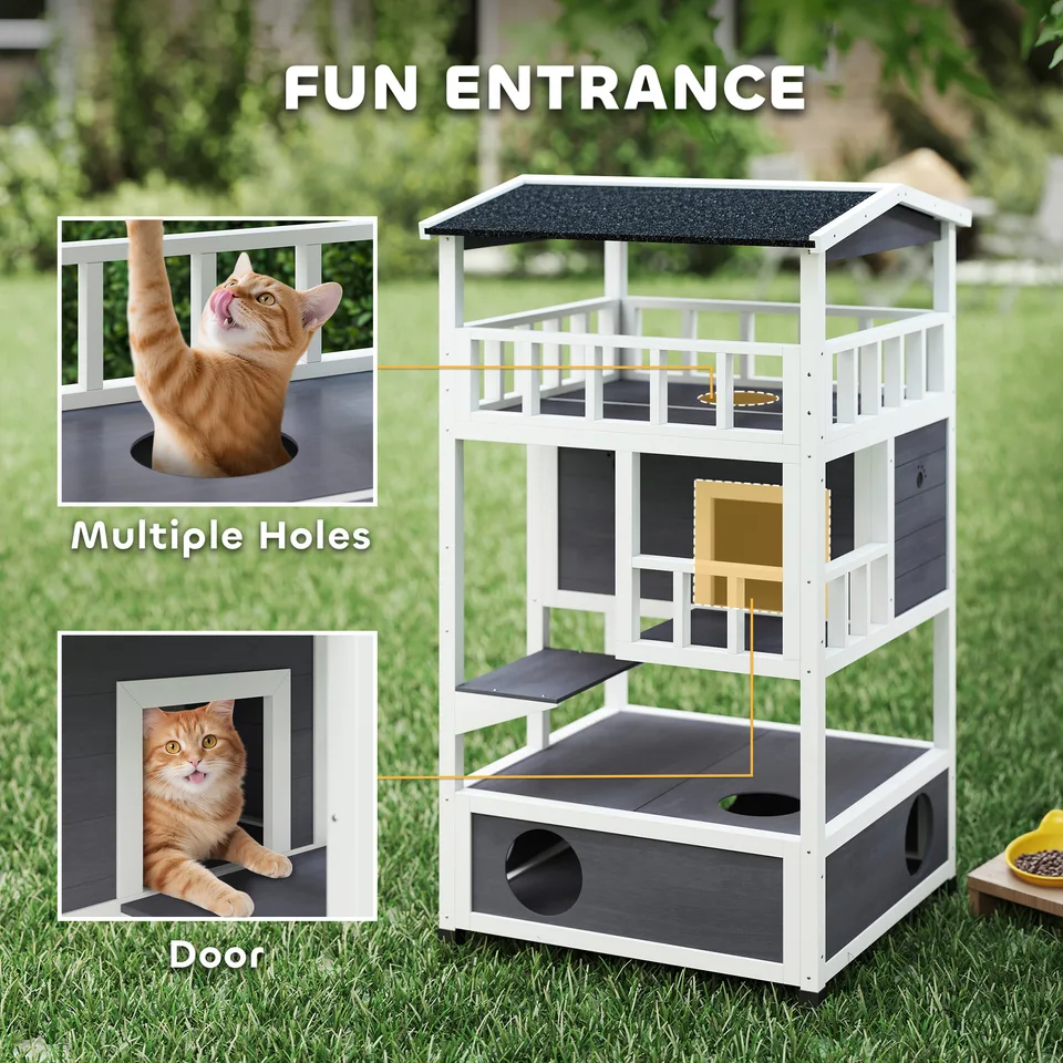 Wooden Outdoor Cat House, Feral Cat Shelter Kitten Condo with Asphalt Roof, Escape Doors, Condo, Jumping Platform, Gray view 3