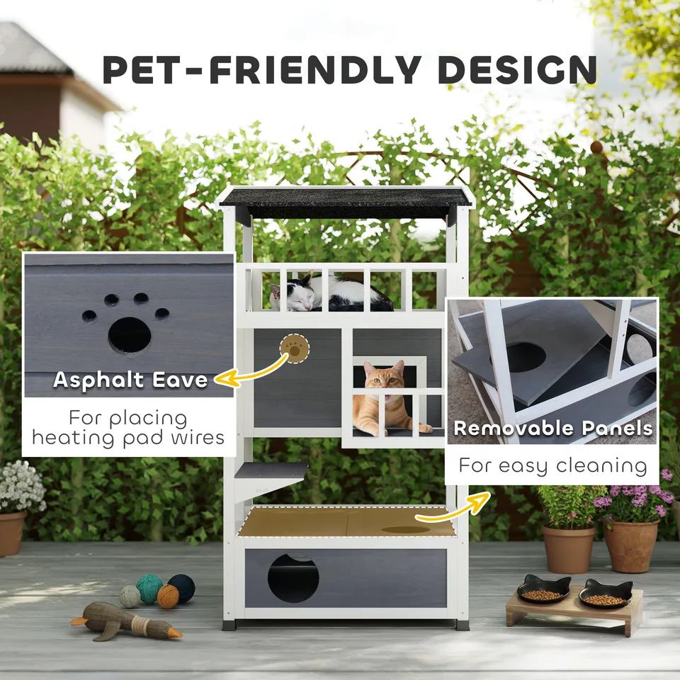 Wooden Outdoor Cat House, Feral Cat Shelter Kitten Condo with Asphalt Roof, Escape Doors, Condo, Jumping Platform, Gray view 2