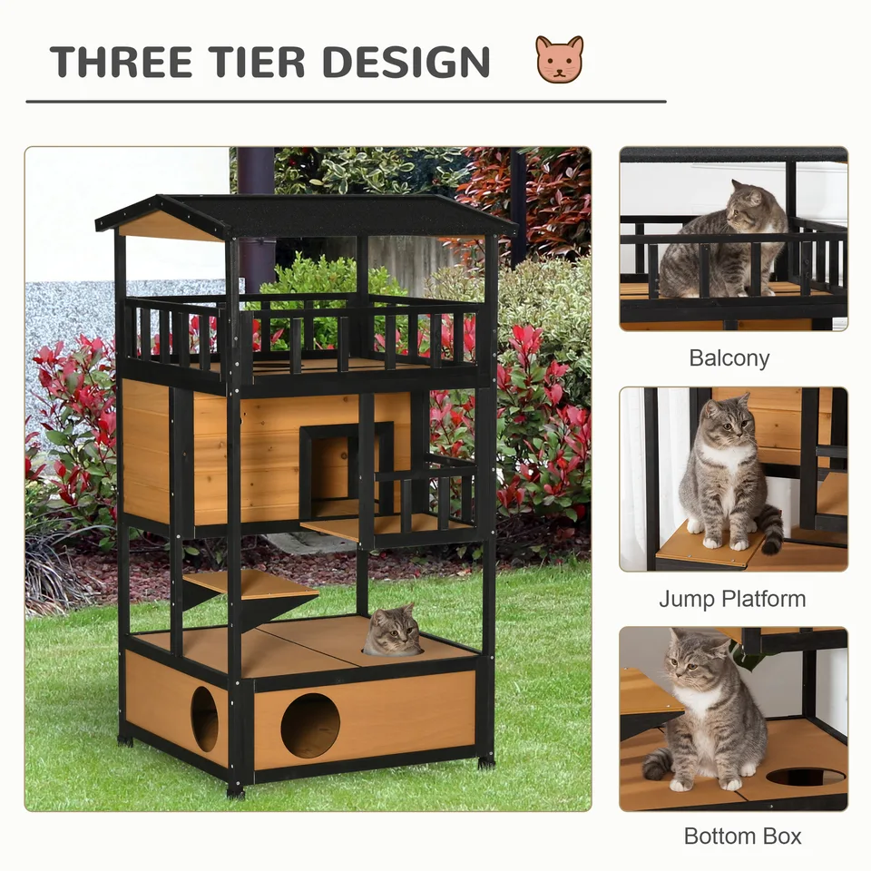 Wooden Outdoor Cat House, Feral Cat Shelter Kitten Condo with Asphalt Roof, Escape Doors, Condo, Jumping Platform, Yellow view 3