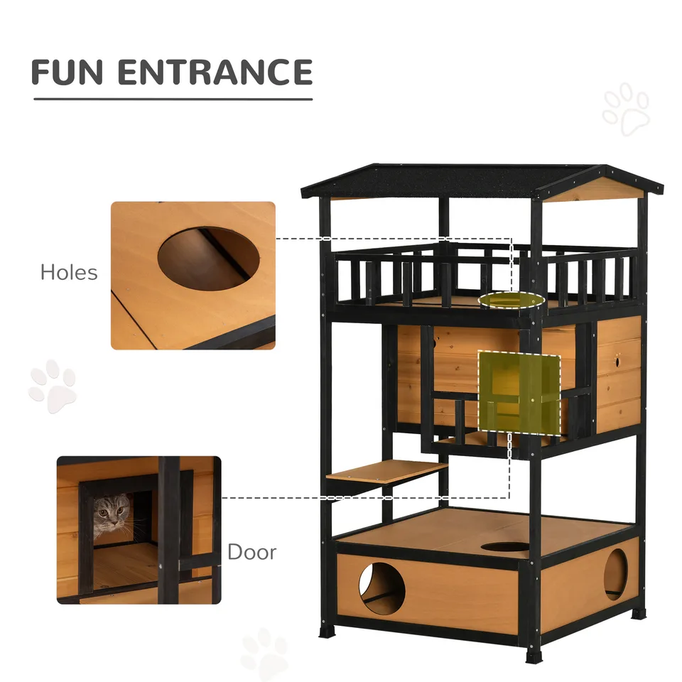 Wooden Outdoor Cat House, Feral Cat Shelter Kitten Condo with Asphalt Roof, Escape Doors, Condo, Jumping Platform, Yellow view 2