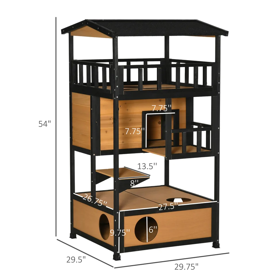 Wooden Outdoor Cat House, Feral Cat Shelter Kitten Condo with Asphalt Roof, Escape Doors, Condo, Jumping Platform, Yellow view 4