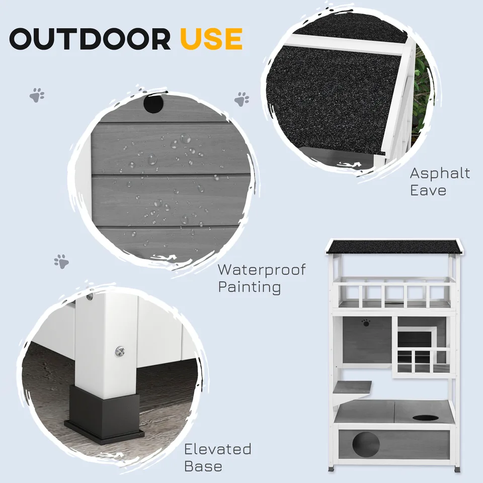 Wooden Outdoor Cat House with Asphalt Roof, Escape Doors, Condo, Jumping Platform, Light Gray view 2