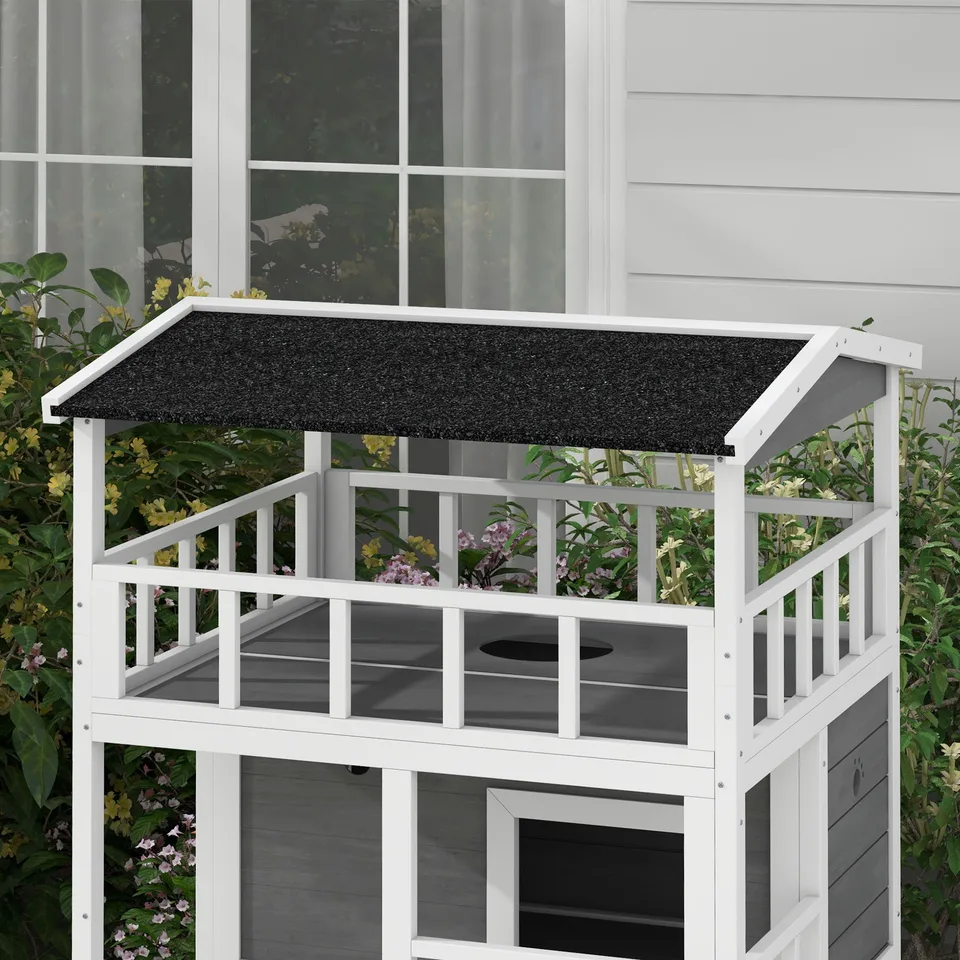 Wooden Outdoor Cat House with Asphalt Roof, Escape Doors, Condo, Jumping Platform, Light Gray view 4