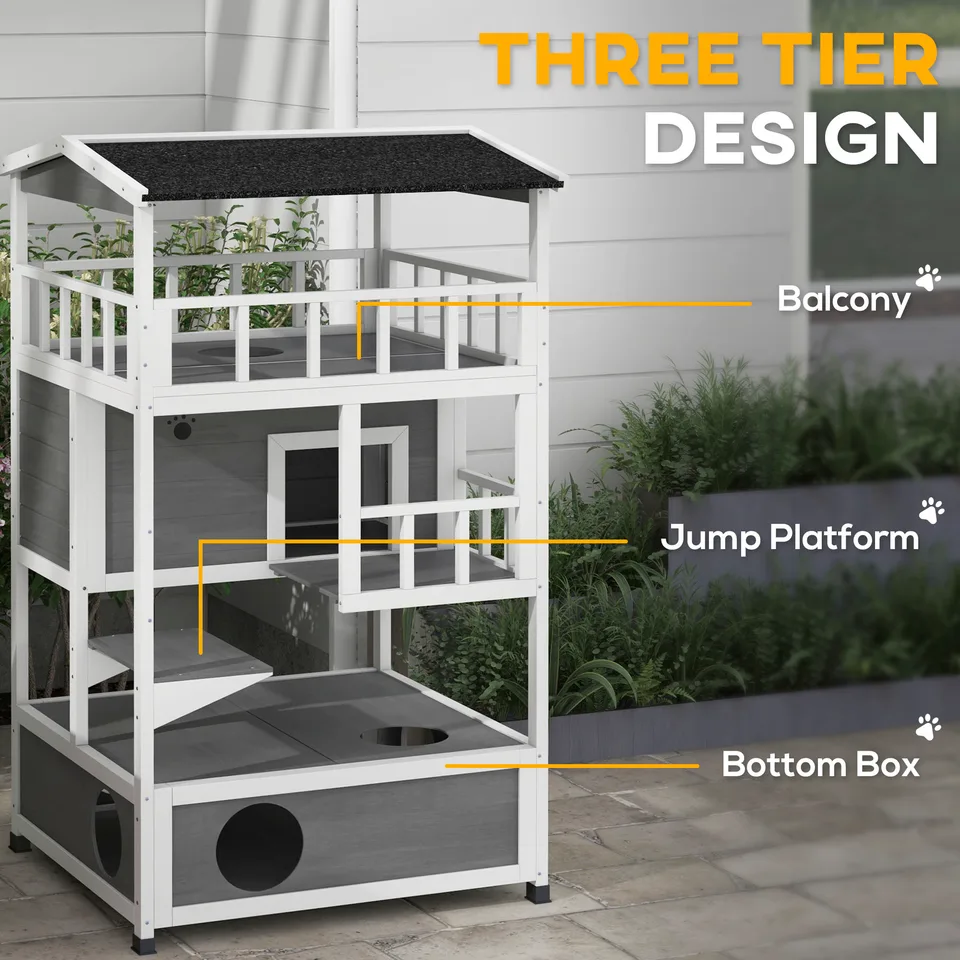 Wooden Outdoor Cat House with Asphalt Roof, Escape Doors, Condo, Jumping Platform, Light Gray view 3