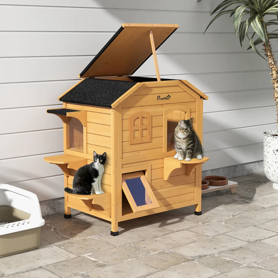 2-story Cat House Outdoor, Weatherproof Wooden Cat Enclosure for Feral Cats with Escape Door, Openable Roof, Jumping Platforms, Natural