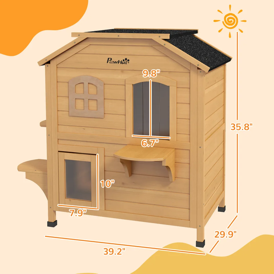 2-story Cat House Outdoor, Weatherproof Wooden Cat Enclosure for Feral Cats with Escape Door, Openable Roof, Jumping Platforms, Natural view 3