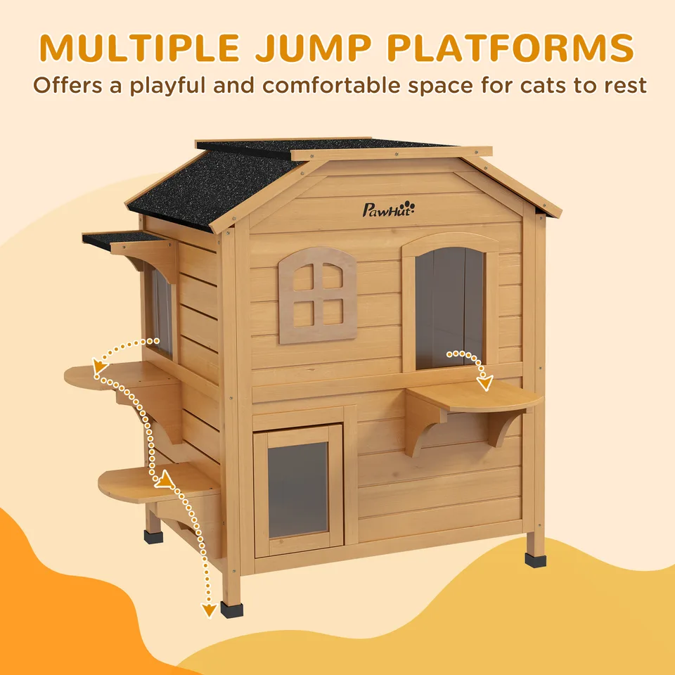 2-story Cat House Outdoor, Weatherproof Wooden Cat Enclosure for Feral Cats with Escape Door, Openable Roof, Jumping Platforms, Natural view 4