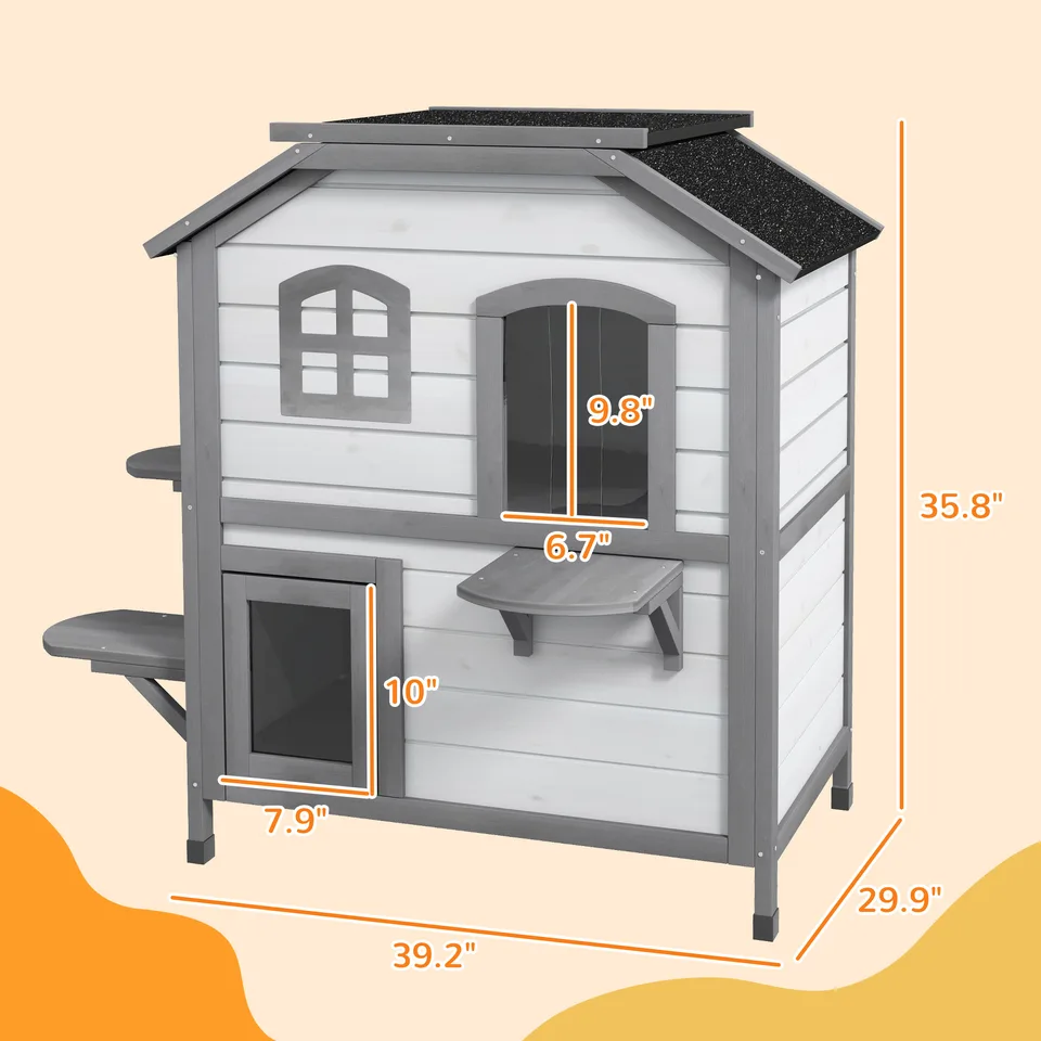 Wooden 2-Story Outdoor Cat House, Feral Cat Shelter Kitten Condo with Openable Asphalt Roof and 4 Platforms, White view 2