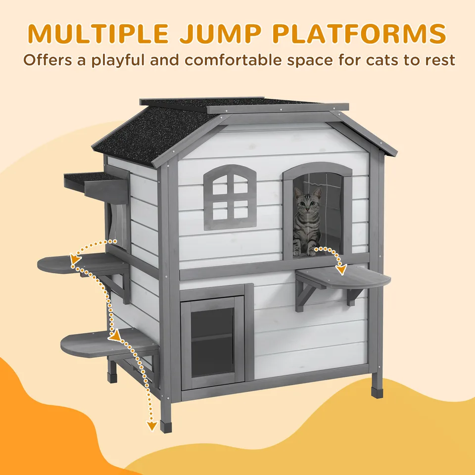 Wooden 2-Story Outdoor Cat House, Feral Cat Shelter Kitten Condo with Openable Asphalt Roof and 4 Platforms, White view 3