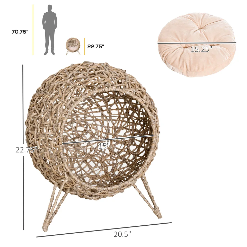 20.5" Weaved Cat Bed, Elevated Hand-woven Braided Banana Leaf Kitten House Condo with Cushion, Beige view 4