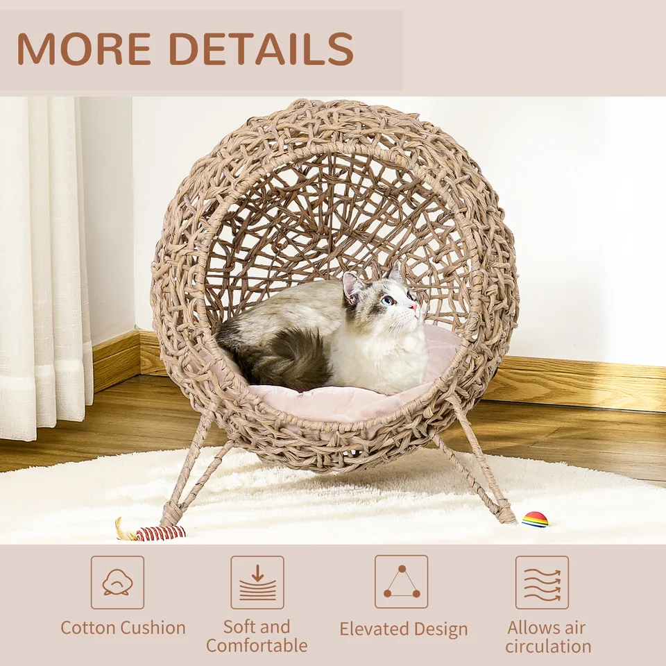 20.5" Weaved Cat Bed, Elevated Hand-woven Braided Banana Leaf Kitten House Condo with Cushion, Beige view 2