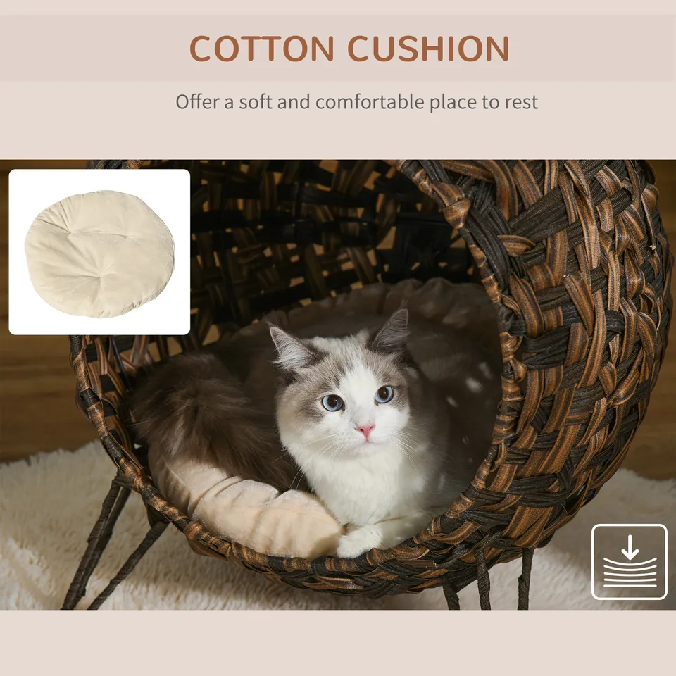 20.5" Weaved Cat Bed, Elevated Hand-woven Braided Banana Leaf Kitten House Condo with Cushion, Brown view 3