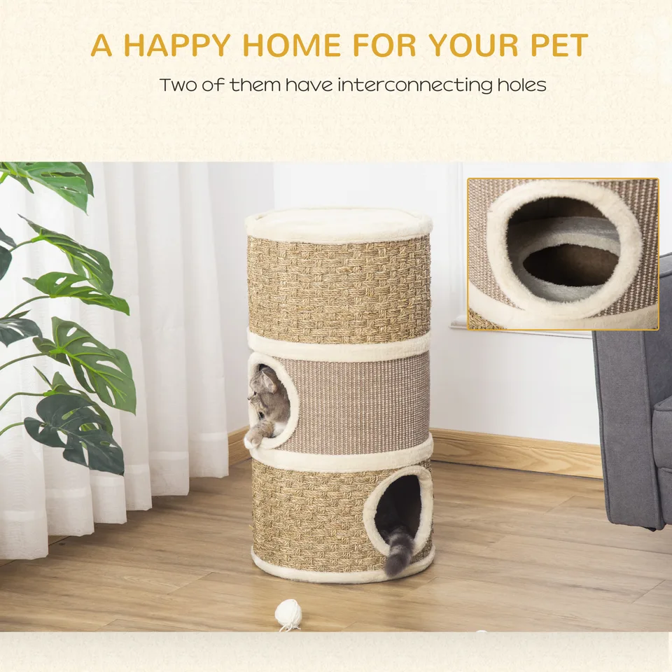 28 Inch Cat Condo, 3 Story Cat Hideaway with Sisal Scratching Pad view 2