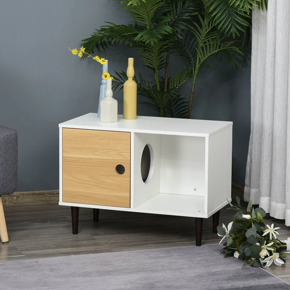 Wooden Cat House with Soft Cushion, Decorative Kitten Condo Side Table, Elevated Pet House with Storage Space