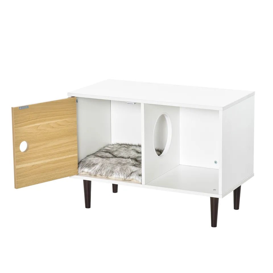 Wooden Cat House with Soft Cushion, Decorative Kitten Condo Side Table, Elevated Pet House with Storage Space view 3