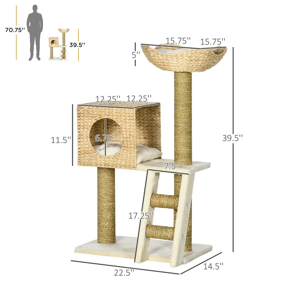 Cattail Weave Cat Tree for Indoor Cats Kitty Tower with Rattan Cat Condo, Wicker Bed, Ladder, Washable Cushions, 22.5" x 14.5" x 39.5" view 6
