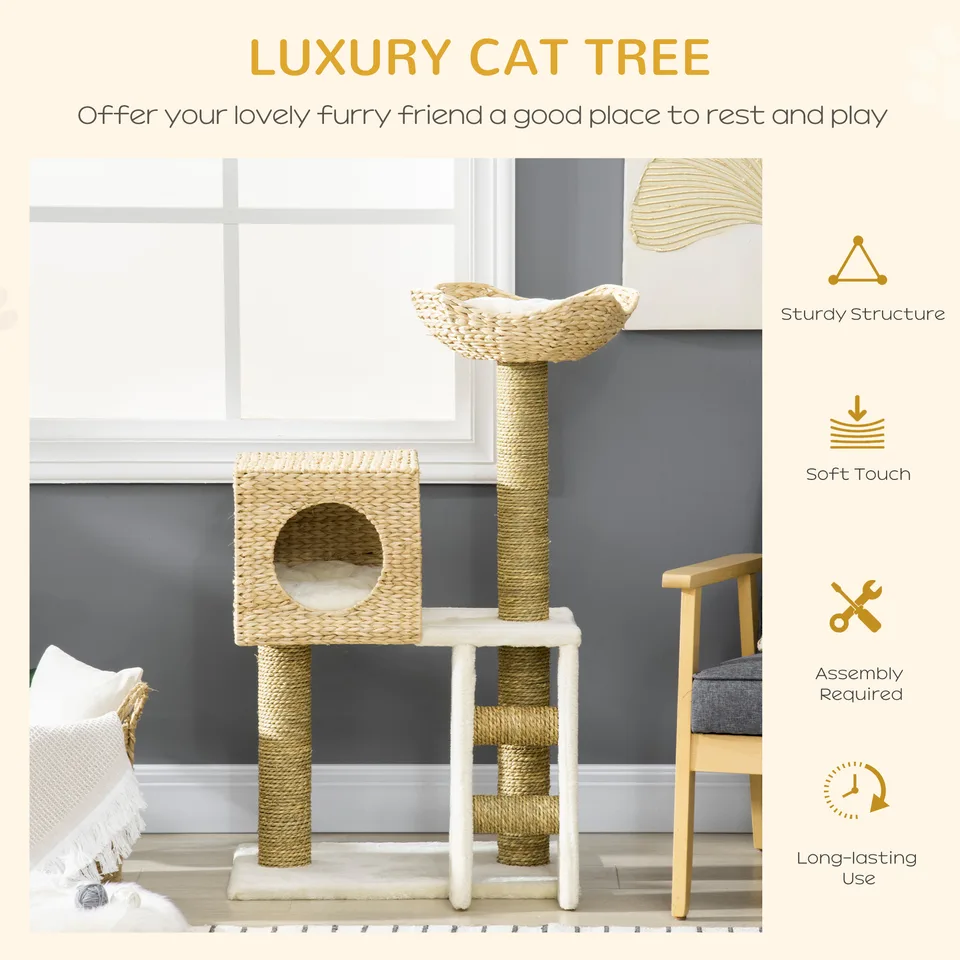 Cattail Weave Cat Tree for Indoor Cats Kitty Tower with Rattan Cat Condo, Wicker Bed, Ladder, Washable Cushions, 22.5" x 14.5" x 39.5" view 2