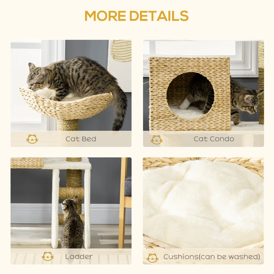 Cattail Weave Cat Tree for Indoor Cats Kitty Tower with Rattan Cat Condo, Wicker Bed, Ladder, Washable Cushions, 22.5" x 14.5" x 39.5" view 7