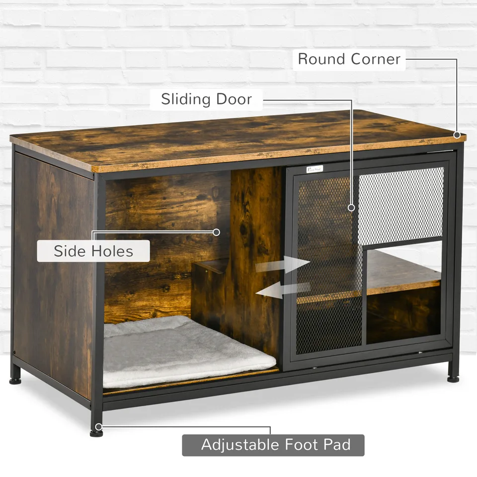 Wooden Cat Crate, Furniture Style Dog Cage, Puppy Kennel Indoor, End Table Pet House with Cushion and Sliding Doors, Rustic Brown view 4