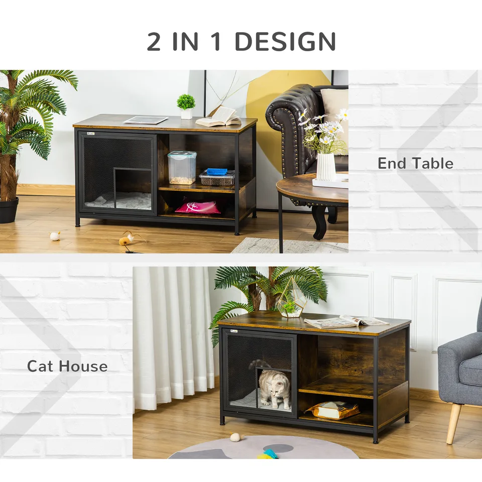 Wooden Cat Crate, Furniture Style Dog Cage, Puppy Kennel Indoor, End Table Pet House with Cushion and Sliding Doors, Rustic Brown view 3