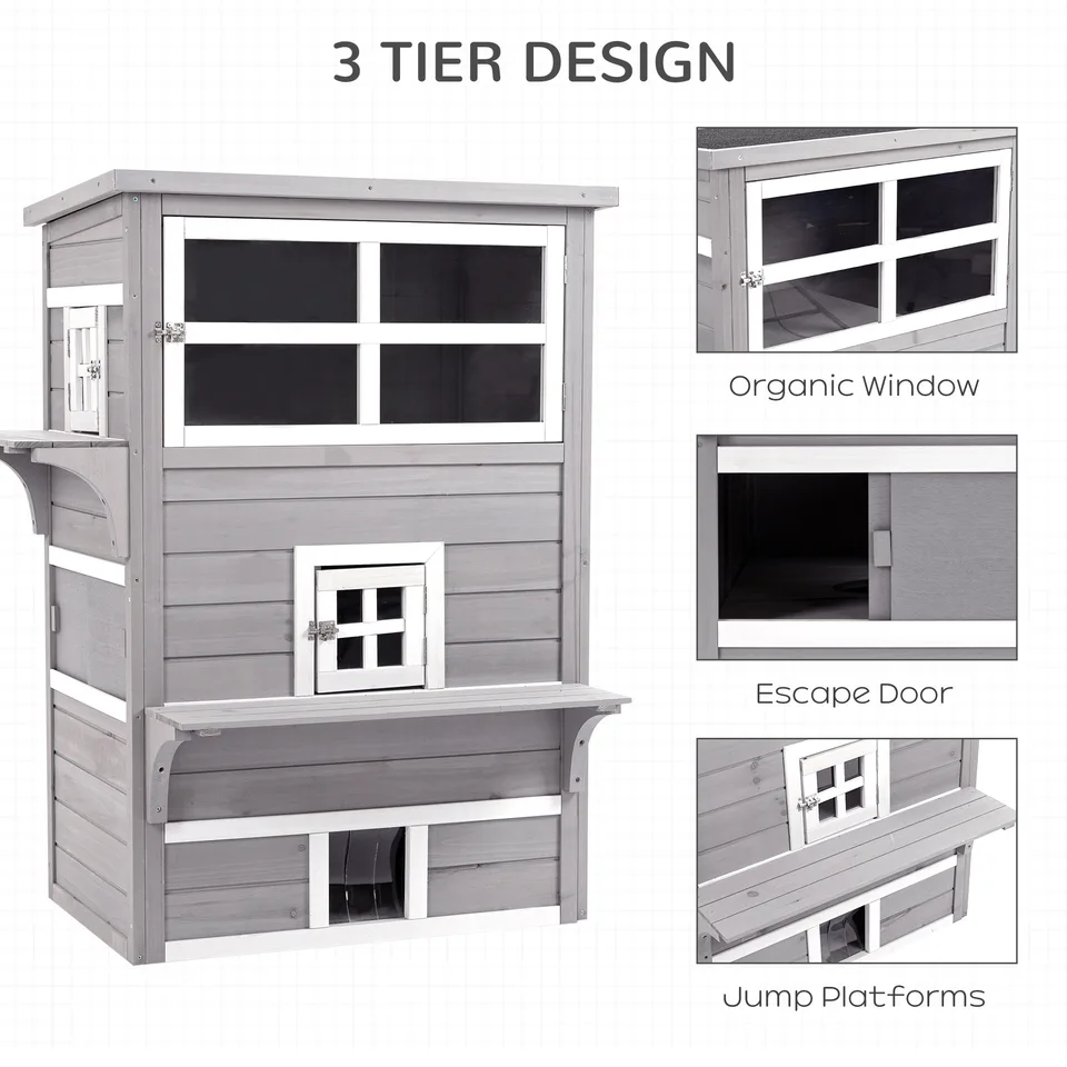 Outdoor Cat House, 3-Tier Kitty Shelter with 5 Escape Doors, Weather Resistant, Gray & White view 4