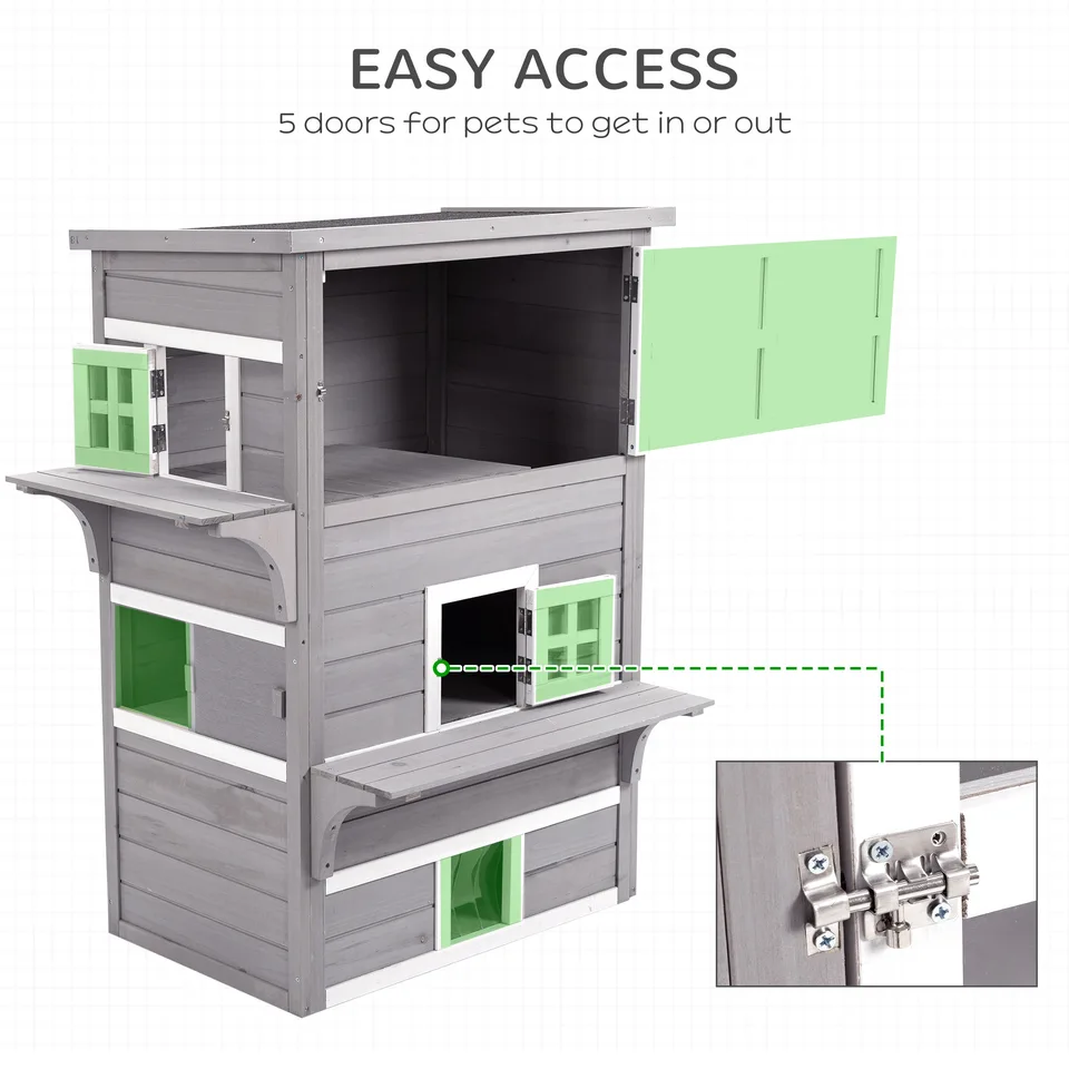 Outdoor Cat House, 3-Tier Kitty Shelter with 5 Escape Doors, Weather Resistant, Gray & White view 3