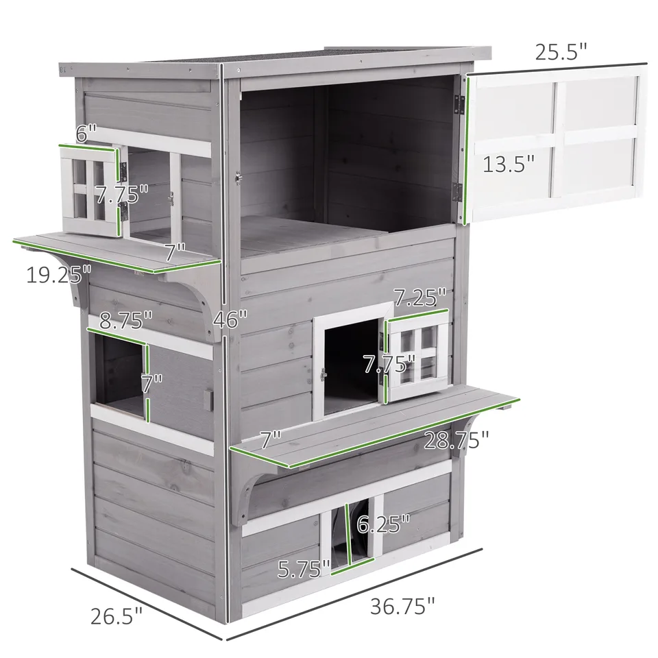 Outdoor Cat House, 3-Tier Kitty Shelter with 5 Escape Doors, Weather Resistant, Gray & White view 2