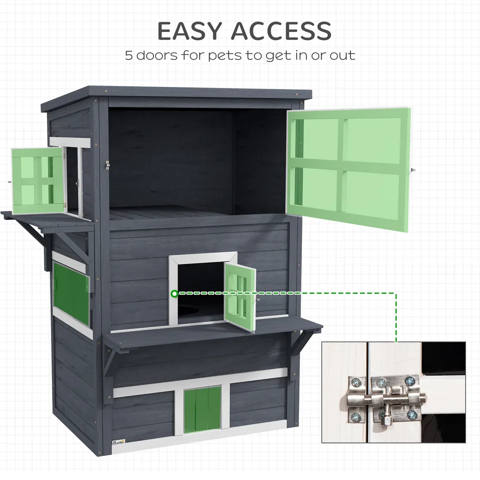 Cat House, Outdoor 3-Tier Kitty Shelter, Weather Resistant, w/ Escape Door view 3