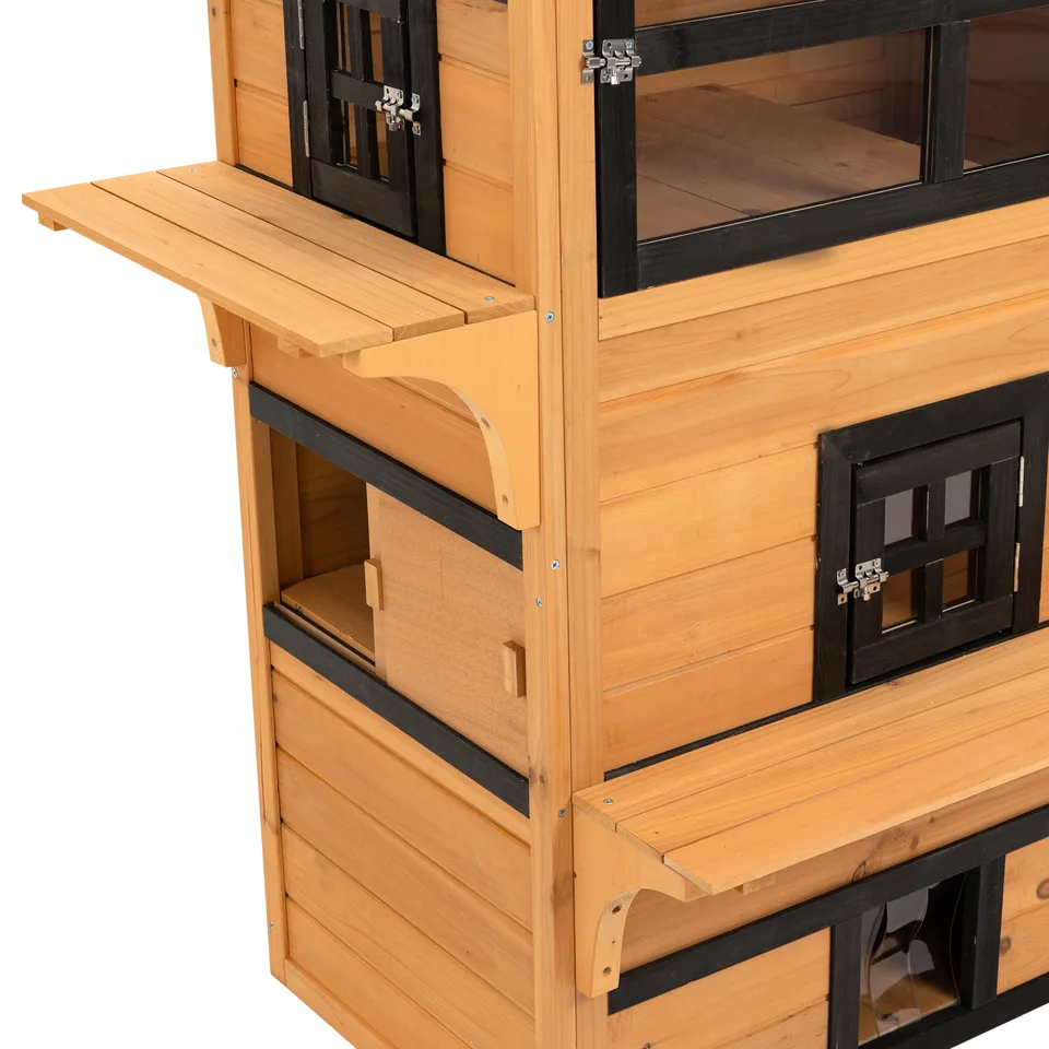 Outdoor Cat House, 3-Tier Kitty Shelter with 5 Escape Doors, Weather Resistant, Yellow & Black view 2