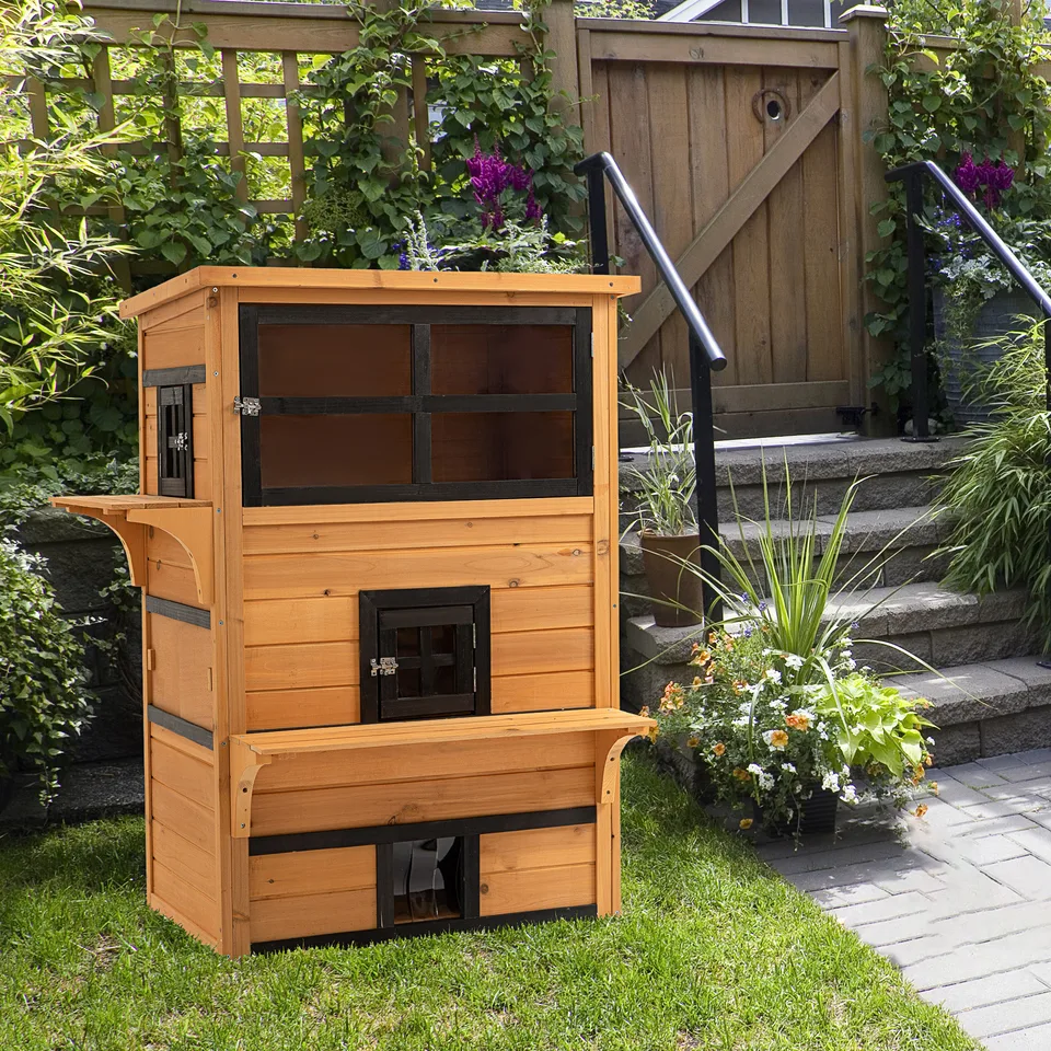 Outdoor Cat House, 3-Tier Kitty Shelter with 5 Escape Doors, Weather Resistant, Yellow & Black