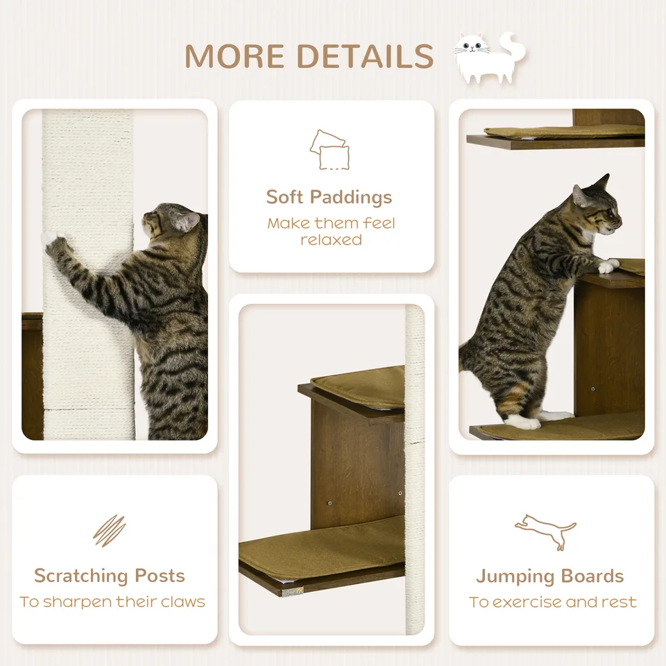 Wall-Mounted Cat Tree, 4-Layer Cat Wall Shelves Furniture with Scratching Board, Kitten Activity Center with Cushions, Natural view 2