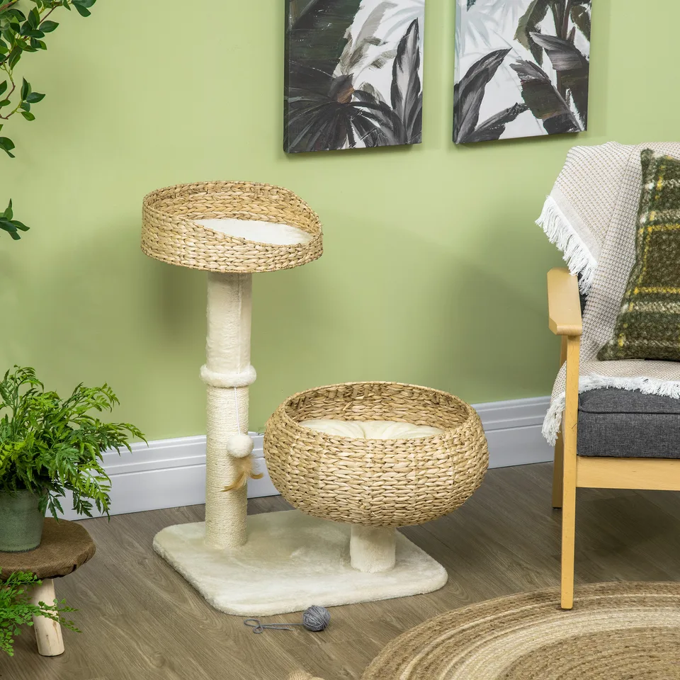28" Elevated Cat Bed with Sisal Scratching Post for Indoor Kitties, Modern Cat Tree with Cute Basket Design, Small Cat Tree with Fun Ball view 2