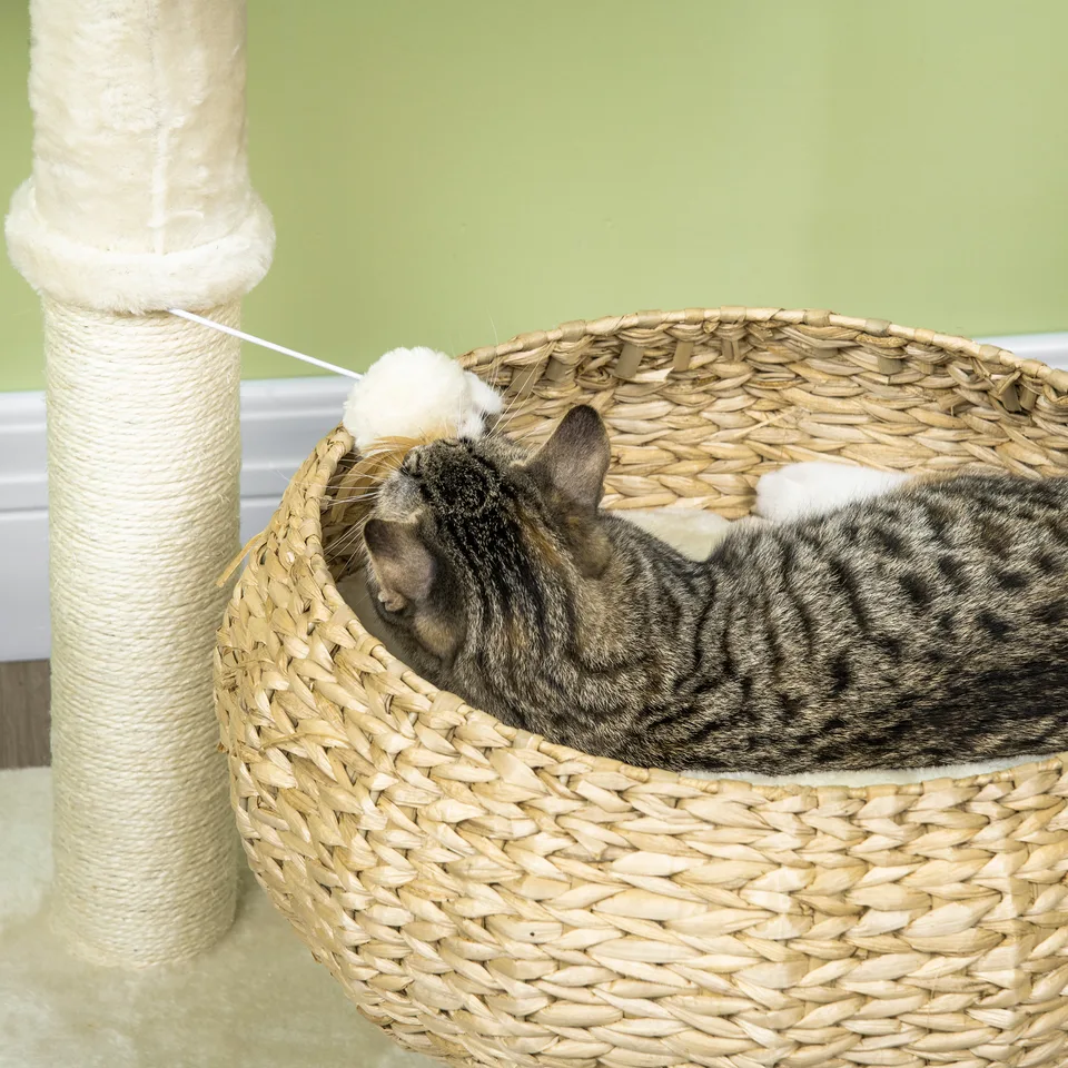 28" Elevated Cat Bed with Sisal Scratching Post for Indoor Kitties, Modern Cat Tree with Cute Basket Design, Small Cat Tree with Fun Ball view 3