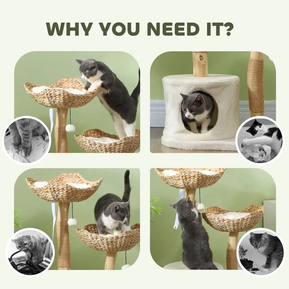 37 Inch Modern Cat Tree w/ Wooden Scratching Posts, Condo, Beds, Cushions, Toy Balls & Anti-Tip Kit view 2