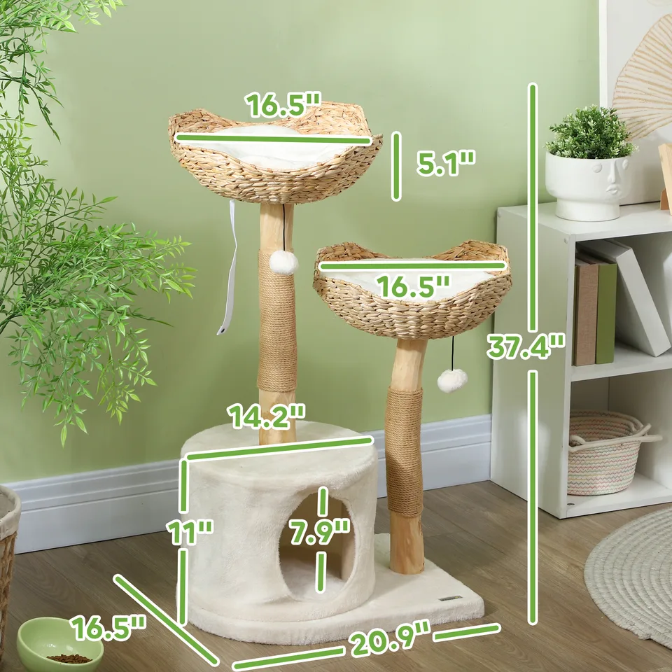 37 Inch Modern Cat Tree w/ Wooden Scratching Posts, Condo, Beds, Cushions, Toy Balls & Anti-Tip Kit view 4