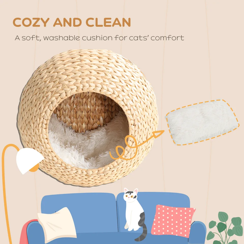 Wall Mounted Cat Condo with Washable Cushion, Natural Wood view 2