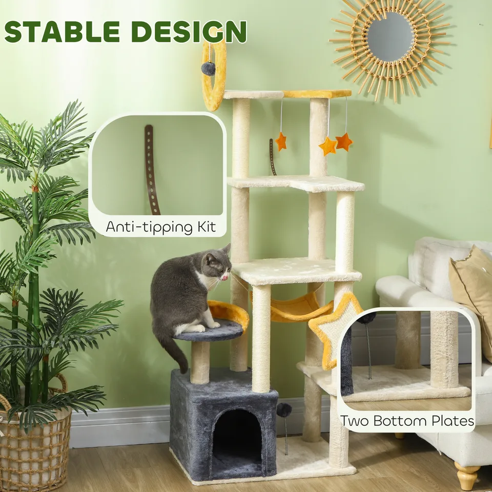 63 Inch Moon and Star Themed Cat Tree with Scratching Post, Hammock, Condo, Bed, Scratching Board & Cat Toys, Beige view 3