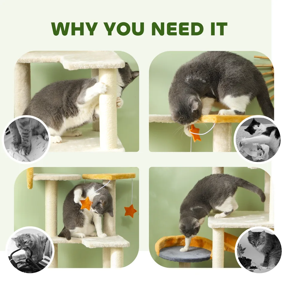 63 Inch Moon and Star Themed Cat Tree with Scratching Post, Hammock, Condo, Bed, Scratching Board & Cat Toys, Beige view 2