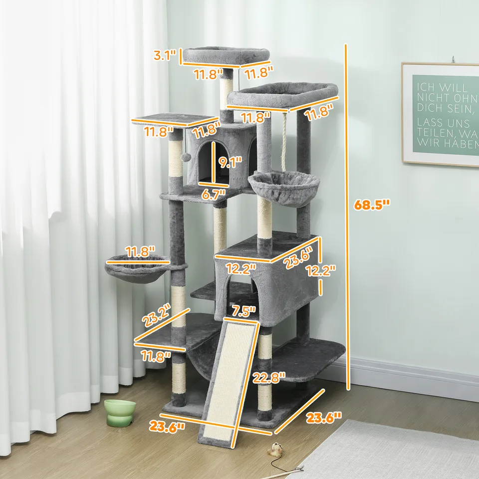 69" Cat Tree, Multi-Level Cat Tower with 2 Condos and 3 Hammocks, 8 Scratching Posts, for Multiple Cats, Dark Gray view 5