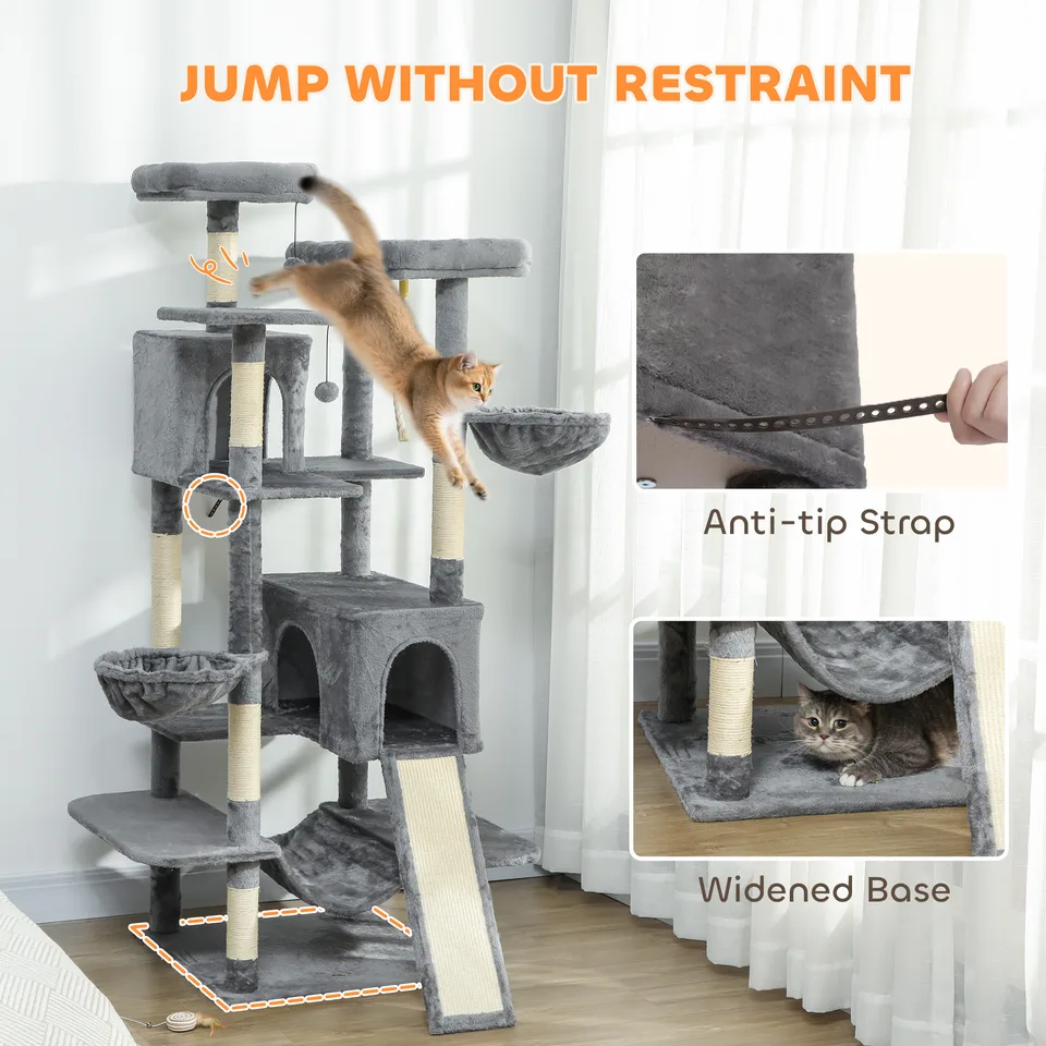 69" Cat Tree, Multi-Level Cat Tower with 2 Condos and 3 Hammocks, 8 Scratching Posts, for Multiple Cats, Dark Gray view 7