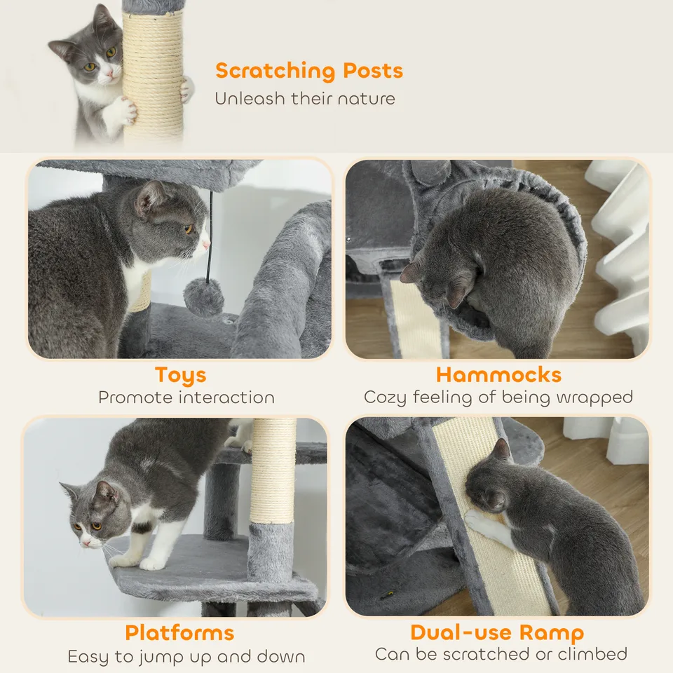 69" Cat Tree, Multi-Level Cat Tower with 2 Condos and 3 Hammocks, 8 Scratching Posts, for Multiple Cats, Dark Gray view 2