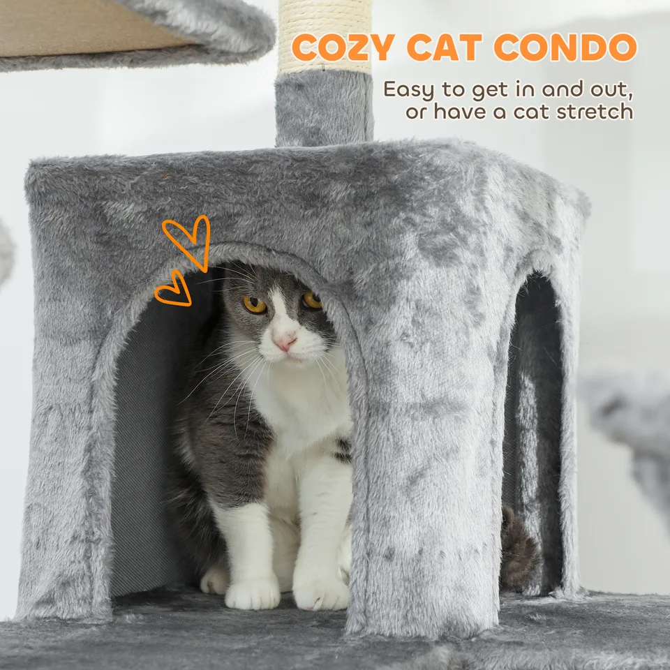69" Cat Tree, Multi-Level Cat Tower with 2 Condos and 3 Hammocks, 8 Scratching Posts, for Multiple Cats, Dark Gray view 6