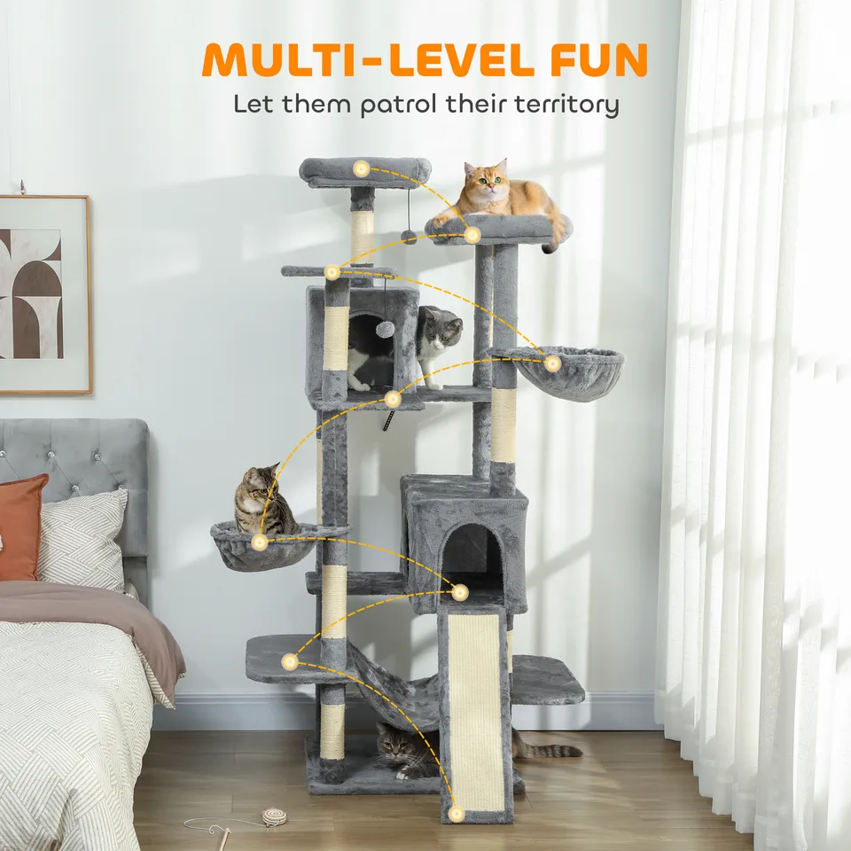 69" Cat Tree, Multi-Level Cat Tower with 2 Condos and 3 Hammocks, 8 Scratching Posts, for Multiple Cats, Dark Gray view 3