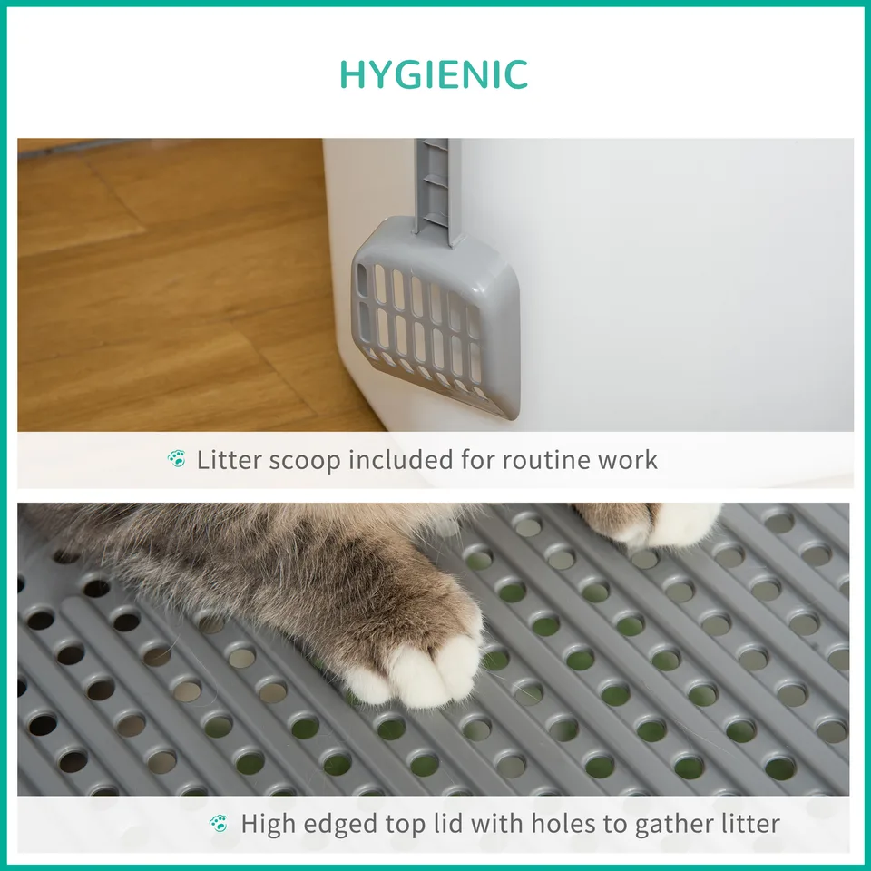 Covered Cat Litter Box, Easy Cleaning Kitty Litter Box with Front Entrance, Top Exit, Scoop, for Odor Control, White view 3