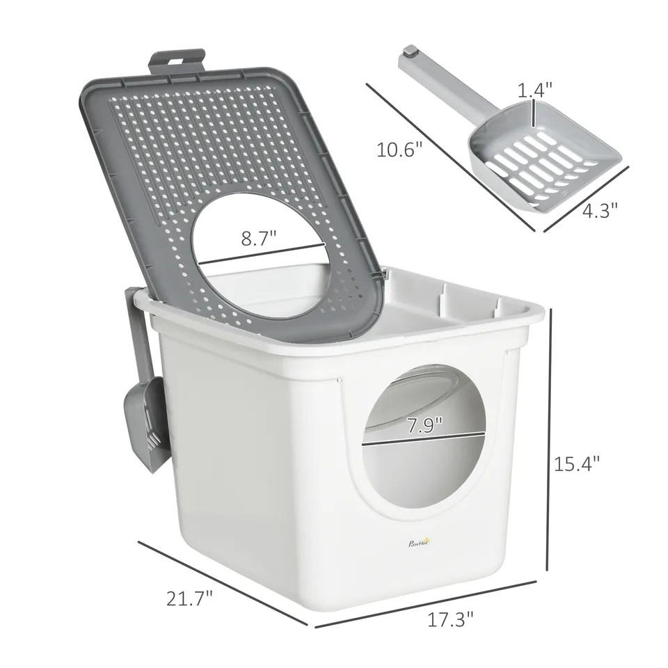 Covered Cat Litter Box, Easy Cleaning Kitty Litter Box with Front Entrance, Top Exit, Scoop, for Odor Control, White view 2